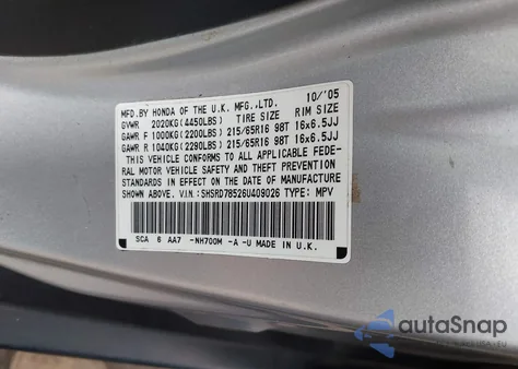 2006 Honda Cr-V Lx z USA, uszkodzony, nr VIN SHSRD78526U409026